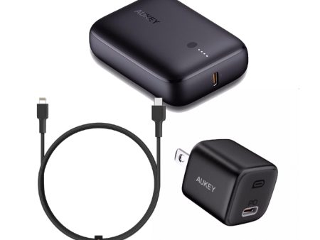 AUKEY On-the-go Bundle (USB-C Wall Charger, 10,000mAh Powerbank, C to Lightning Cable) - Black on Sale